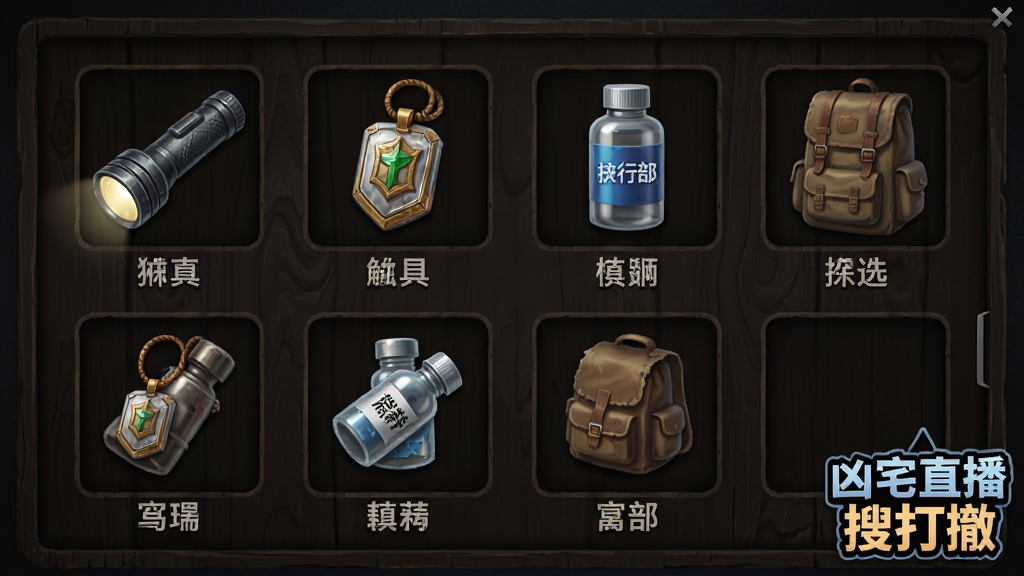 游戏内道具栏界面特写,展示手电筒、护身符、镇静剂、背包等物品图标整齐排列在深色木质面板上,每个道具下方有简短名称标签,界面角落有