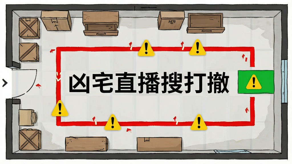 俯视视角的废弃房间平面布局图,房间内标注多个搜索点位,有箱子、柜子、抽屉等图标,一条红色路线从入口延伸到绿色撤离点,路线上有黄色感叹号标记危险区域,画面中央有