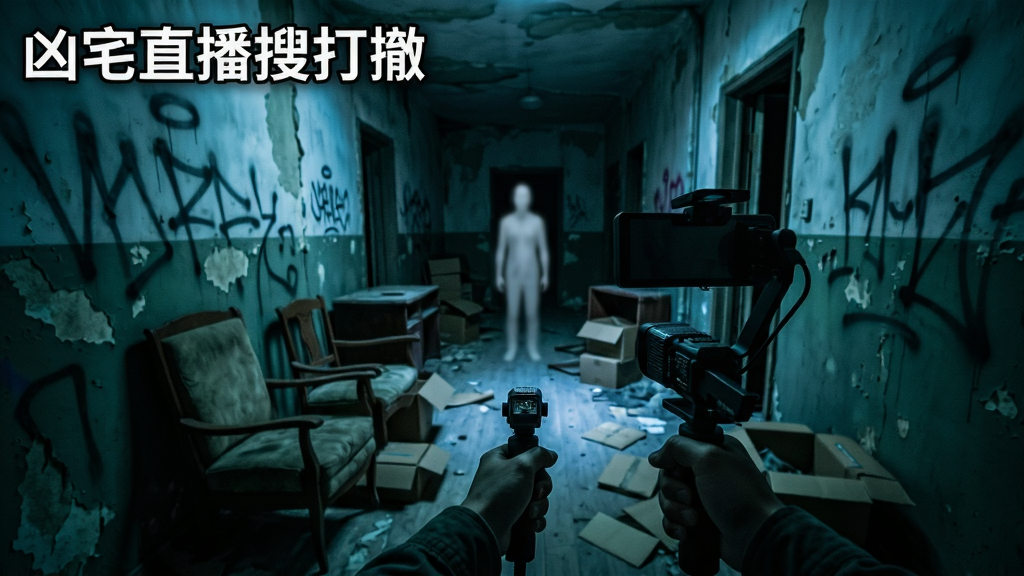 深夜废弃宅邸的走廊场景,一个手持直播设备的探险者背影站在画面中央,前方走廊尽头有模糊的白色身影若隐若现,地面散落旧家具和纸箱,墙壁斑驳有涂鸦,整体色调偏冷蓝与暗绿,第一人称视角构图,画面左上角有