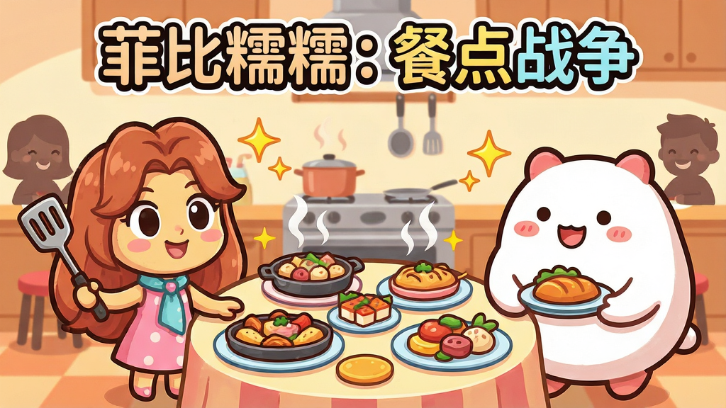 一张以美食对战为主题的卡通插画,画面中央摆放着色彩缤纷的餐点桌,左侧站着可爱的菲比角色手持锅铲,右侧站着圆润的糯糯角色捧着餐盘,背景是温馨的餐厅厨房场景,布局采用左右对称构图,排版突出游戏名称“菲比糯糯:餐点战争”置于画面顶部,风格为清新明快的日系卡通风格,细节包括冒着热气的料理、闪烁的星星装饰和微笑的顾客剪影,画质清晰干净,无多余元素