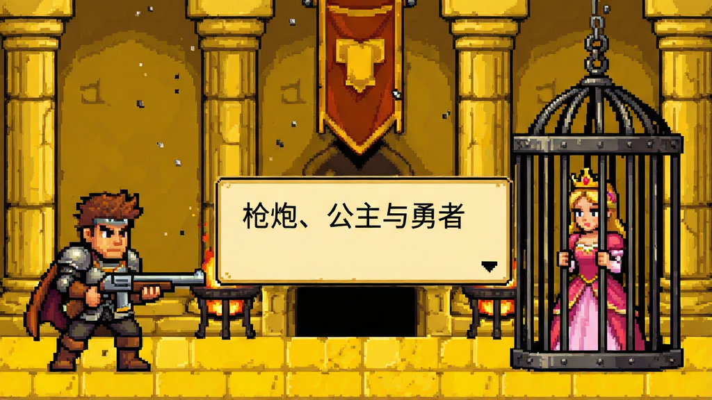 像素风格的剧情对话场景,左侧是持枪勇者立绘,右侧是被关在铁笼中的公主,中间为对话框,背景是城堡大厅,色调偏暖黄,风格为复古像素RPG对话界面,细节包含石柱、火盆与飘落的尘埃,画质清晰,画面干净,对话框中写有“枪炮、公主与勇者”字样