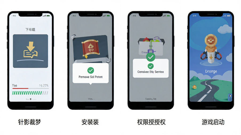 针影裁梦安卓版安装与启动流程示意图,画面主体为手机屏幕依次展示下载、安装、权限授权、游戏启动四个步骤,布局为横向四格排版,风格为简洁扁平化插画,细节包含进度条、权限弹窗、加载界面等元素,画质清晰干净,无多余元素