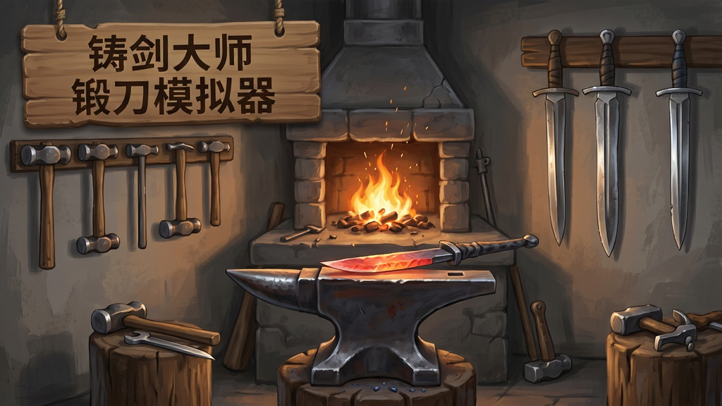 画面主体为一间复古锻造工坊,中央摆放铁砧与烧红的刀坯,四周悬挂各式锤具与成品刀剑,布局上工坊场景占据画面主体,左上角以木质招牌形式呈现文字“铸剑大师锻刀模拟器”,排版居中偏上,风格为写实手绘质感,细节包含炉火火星、金属纹理与工具磨损痕迹,画质清晰干净,无多余装饰元素