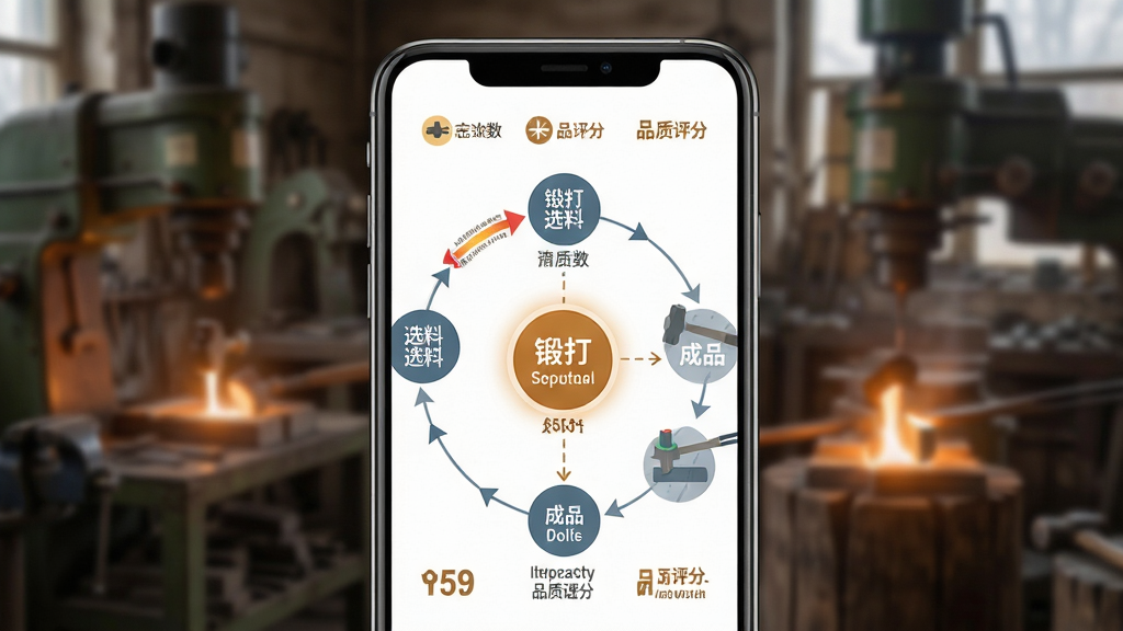画面主体为手机屏幕特写,屏幕内展示锻造工序流程图,从选料到成品以环形节点排列,当前高亮节点为“锻打”,布局上手机居中,背景为模糊的工坊环境,排版突出屏幕内容,风格为扁平化信息图与写实背景结合,细节包含温度条、锤击次数与品质评分图标,画质清晰干净,无多余元素
