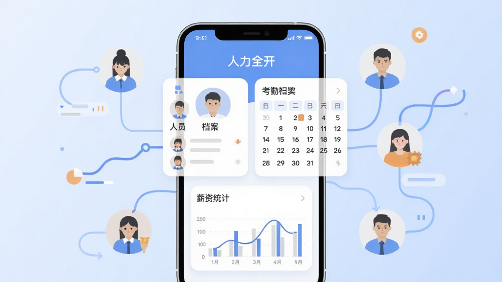 画面主体是一部竖屏智能手机,屏幕中央展示“人力全开”软件主界面,界面包含人员档案卡片、考勤日历和薪资统计图表的布局,手机周围环绕扁平化风格的人员图标与数据线条,背景为浅蓝色渐变,整体排版简洁居中,风格为现代扁平化UI插画,细节上突出卡片圆角与图标层次,画质高清干净无多余元素