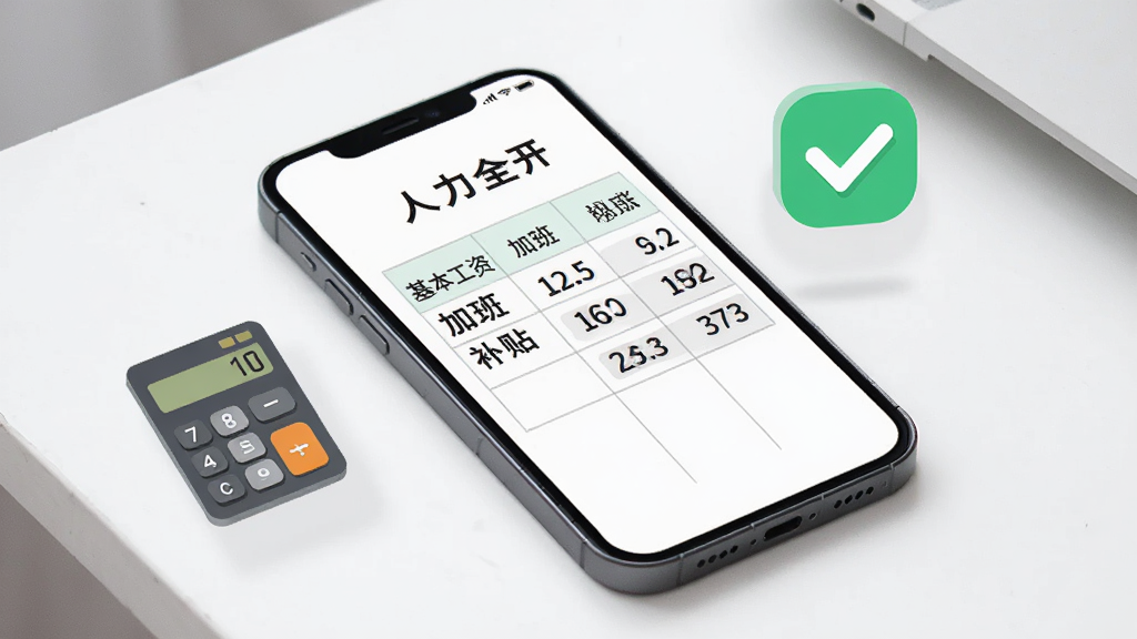 画面主体是一部手机斜放在桌面上,屏幕中显示“人力全开”的薪资明细表格,表格包含基本工资、加班、补贴三列数据,表格旁边漂浮着计算器与对勾图标,布局为手机居中、图标环绕,风格为简约扁平化信息图,细节上表格线条清晰、数字醒目,画质高清干净无多余装饰