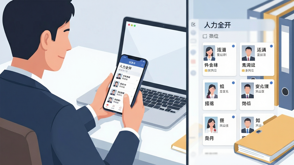 画面主体为一名办公人员坐在桌前使用手机,手机屏幕显示“人力全开”的档案列表页面,页面中排列着多张人员信息卡片,桌面上放着笔记本电脑和文件夹作为辅助元素,布局采用左侧人物右侧界面的分屏构图,风格为清爽商务插画,细节上强调卡片内的姓名与岗位文字清晰可辨,画质干净高清无杂乱背景