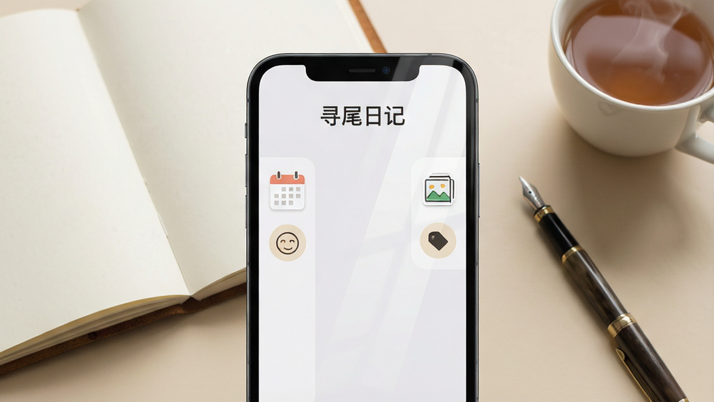 一款名为“寻尾日记”的手机应用界面展示,画面主体是一部竖屏智能手机,屏幕中央是简洁的日记编辑页面,上方显示“寻尾日记”四个字,页面左侧有日历与心情图标,右侧有图片与标签按钮,背景为浅米色桌面与一本摊开的纸质笔记本、一支钢笔和一杯热茶,整体布局为居中构图,风格清新简约、生活化,细节包括柔和的自然光、纸张纹理与手机屏幕的轻微反光,画质清晰干净,无多余元素