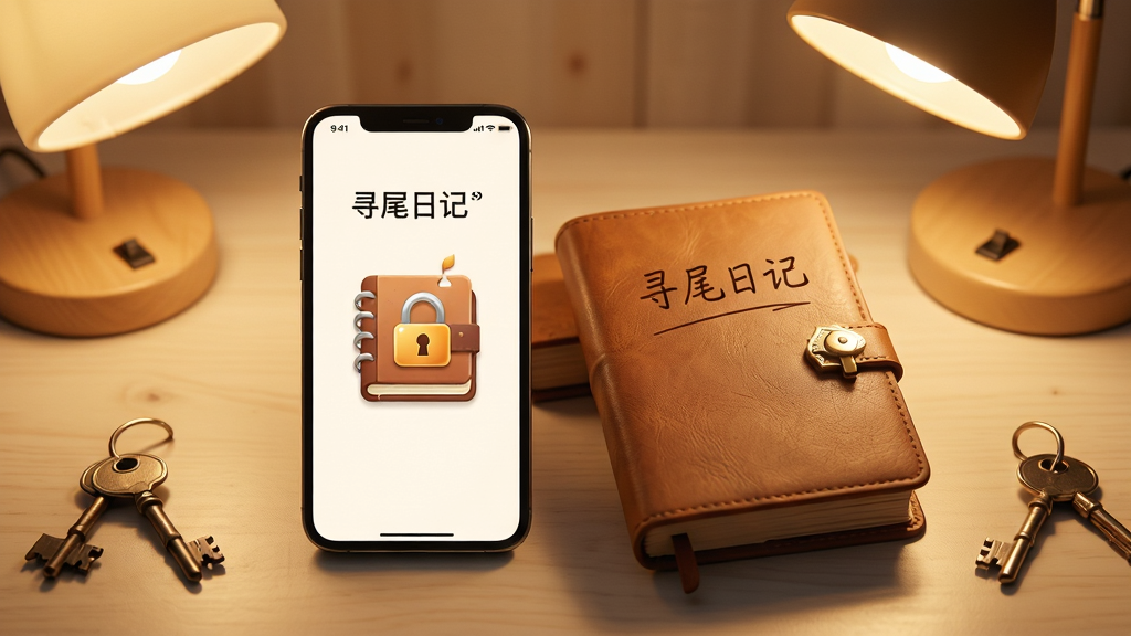 一部手机屏幕上显示“寻尾日记”的私密日记本界面,画面中央是一本带锁的日记本图标与手机并排摆放,日记本封面写有“寻尾日记”字样,周围有钥匙、暖色台灯与浅色木桌,布局为左右对称,风格温馨私密,细节包括柔光照射、纸张边缘质感与锁扣金属反光,画质清晰干净,无多余元素