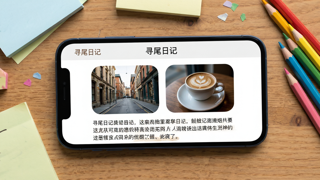 手机屏幕展示“寻尾日记”的图文日记编辑页面,画面中手机横放于桌面,屏幕内是一篇带有两张生活照片和文字段落的日记,照片内容为街景与咖啡杯,页面顶部显示“寻尾日记”标题栏,布局为手机居中、周围有便签纸与彩色铅笔,风格明快清新,细节包括屏幕内文字排版清晰、照片边框圆角处理、桌面木质纹理,画质清晰干净,无多余元素