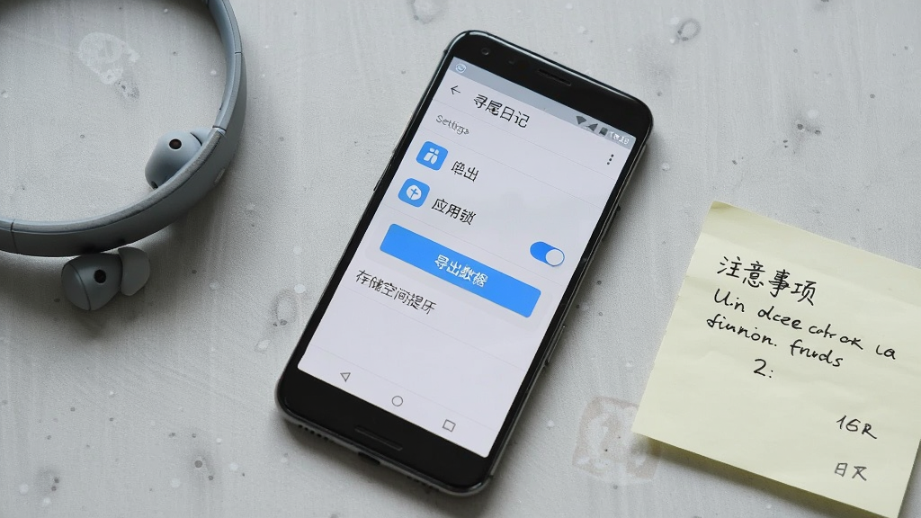 一部安卓手机屏幕显示“寻尾日记”的设置页面,页面中包含应用锁开关、导出数据按钮与存储空间提示,手机旁放着一副耳机和一张写着注意事项的便签,布局为手机斜放居中,风格简洁实用,细节包括设置项图标清晰、便签上手写字体自然、桌面浅灰质感,画质清晰干净,无多余元素