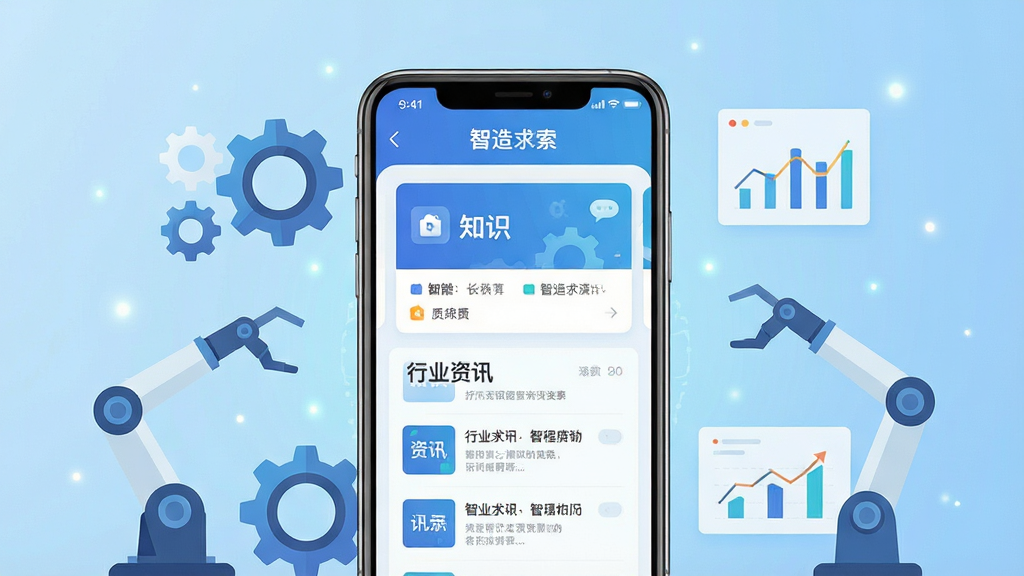 画面主体为一款智能手机,屏幕中显示“智造求索”应用界面,包含知识卡片与行业资讯列表;布局采用居中构图,手机置于画面中央,四周环绕齿轮、机械臂、数据图表等智造元素;排版简洁明快,风格为现代科技扁平化插画;细节上手机屏幕内文字清晰,背景为浅蓝色渐变,点缀细微光点;画质高清,画面干净,无多余元素。