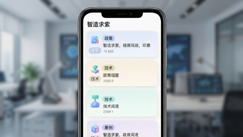画面主体为“智造求索”应用中的资讯聚合页面,多张资讯卡片以瀑布流形式排列,卡片上标注政策、技术、案例等分类标签;布局为手机屏幕特写居中,背景虚化处理;排版层次分明,风格为清爽科技风;细节上卡片色彩柔和,图标精致;画质高清,画面干净,无多余元素。