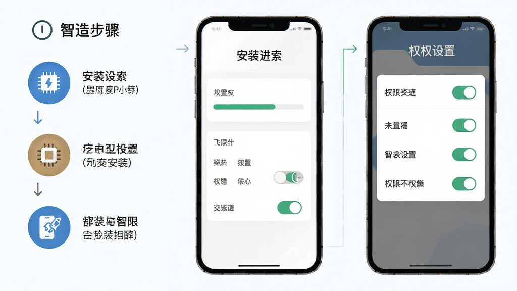 画面主体为“智造求索”应用安装与权限设置流程示意图,手机屏幕展示安装进度条与权限开关界面;布局为左右分栏,左侧为安装步骤图标,右侧为权限设置面板;排版清晰有序,风格为扁平化教程插画;细节上图标简洁、文字区域留白合理;画质高清,画面干净,无多余元素。