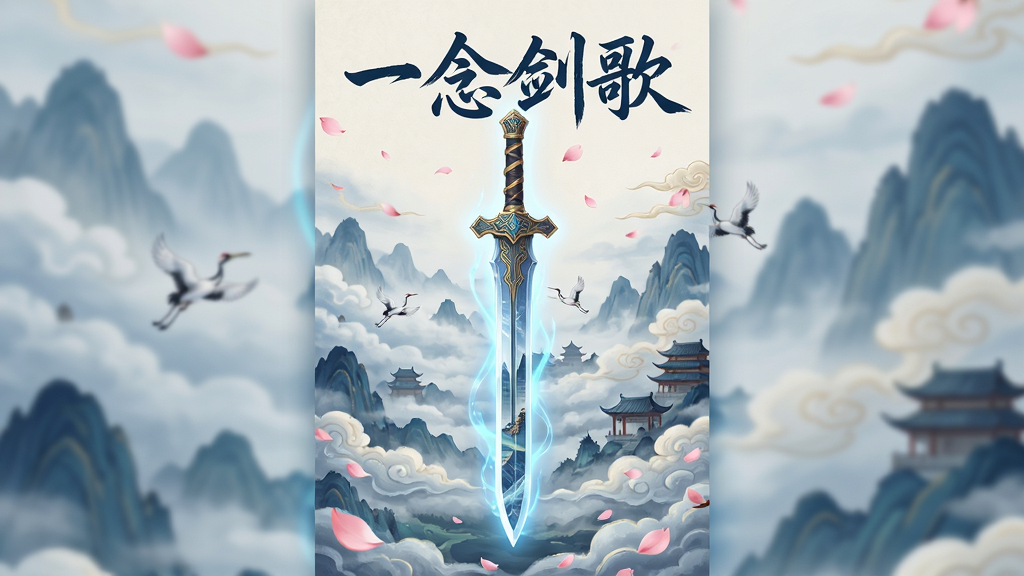 画面主体为一柄悬浮于云海之上的古风长剑,剑身泛着淡蓝色灵光,剑柄缠绕金色纹路;布局上长剑居中纵向排列,四周环绕云雾与远山剪影;排版采用竖版海报构图,上方留白处用毛笔字体书写“一念剑歌”四字,下方点缀几片飘落的桃花瓣;风格为唯美国风仙侠插画,色彩以青蓝、月白、淡金为主;细节处剑身倒映出微缩的山川城池,云层间隐约可见飞檐楼阁与仙鹤;画质高清细腻,画面干净无多余元素。