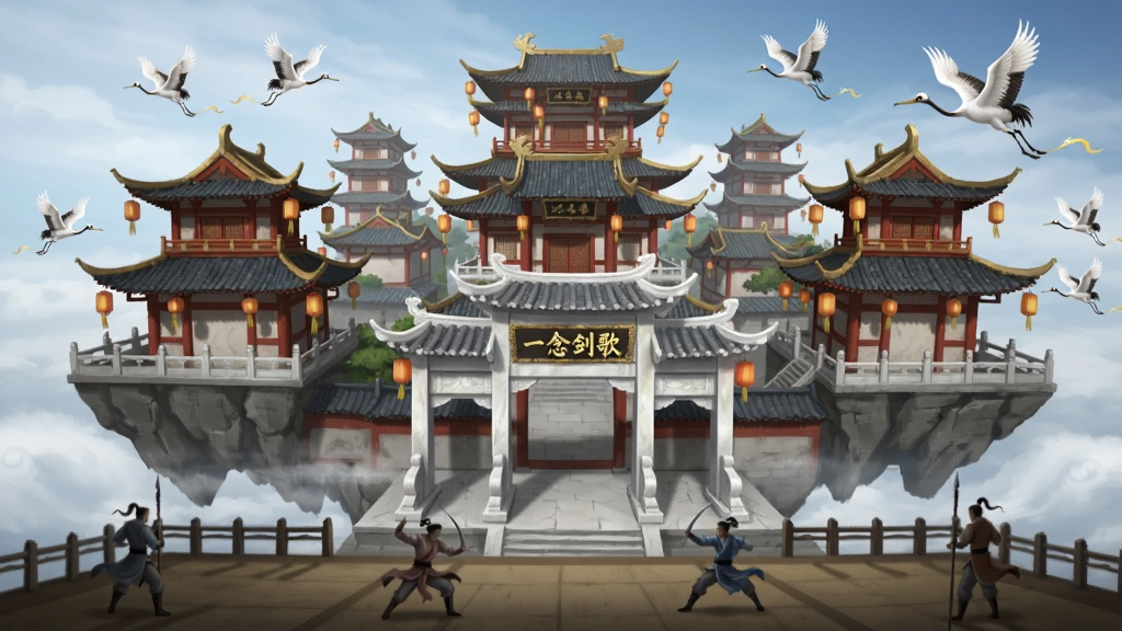 主体为一座悬浮于云端的宏伟宗门建筑群,飞檐翘角、灯笼高挂,山门前立有白玉牌坊;布局上建筑群由近及远层层递进,前景为演武场上切磋的弟子身影;排版为纵向深景构图;风格为国风仙侠场景原画,色调以朱红、黛瓦、鎏金为主;细节处牌坊匾额题有“一念剑歌”字样,空中飘浮着传讯灵鹤;画质细腻,画面干净,无杂乱元素。