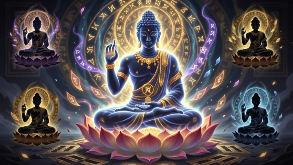 画面中央为一尊半透明的巨大法身虚影盘坐于莲台之上,身后浮现多重光环与符文;布局上法身占据画面主体,四周分布四个小型法身剪影代表不同形态;排版采用对称式圆形构图;风格为东方玄幻概念艺术,色彩以紫金与幽蓝为主;细节处符文流转、莲瓣纷飞,地面刻有八卦阵纹;画质高清,画面干净,无多余装饰。