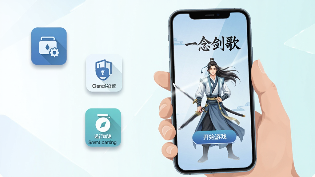 画面主体为一双手持握智能手机,屏幕上显示“一念剑歌”游戏登录界面,界面中有古风剑客立绘与“开始游戏”按钮;布局上手机位于画面中央偏右,左侧漂浮着几个图标分别代表存储空间、权限设置与运行加速;排版为横向说明式构图;风格为扁平化科技插画,色调以蓝白与淡青为主;细节处屏幕反光自然,图标带有细微阴影;画质清晰,画面干净,无多余元素。