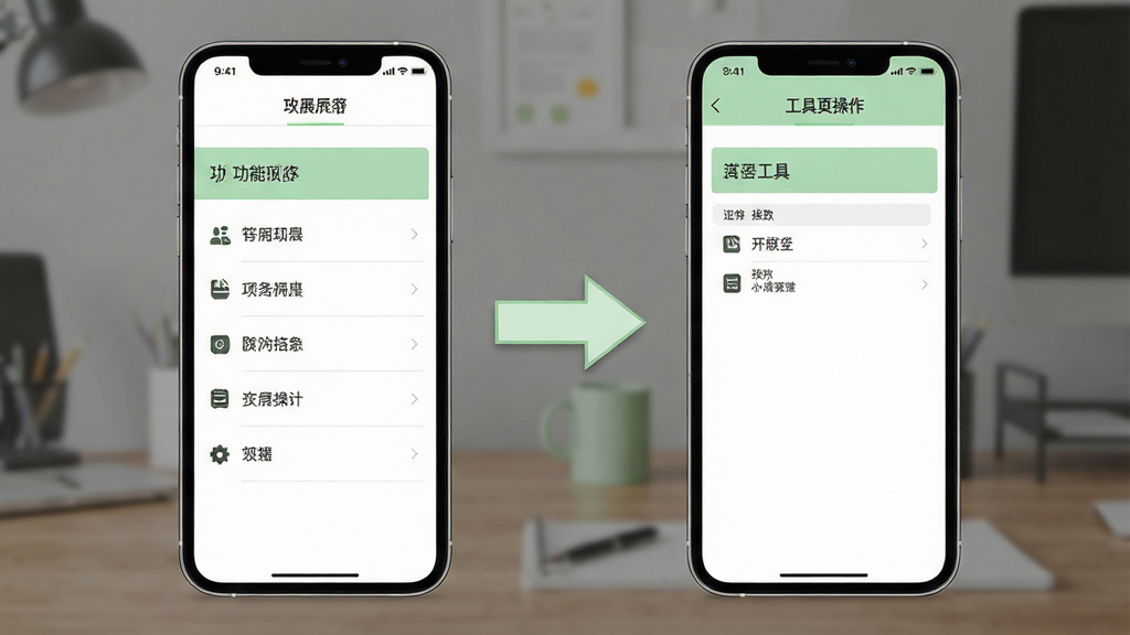 画面展示手机应用的两级页面结构示意图,左侧为功能列表页,右侧为具体工具操作页,页面之间用箭头连接,整体配色为白色与浅绿色搭配,风格简洁商务,细节清晰,画质干净,无多余元素