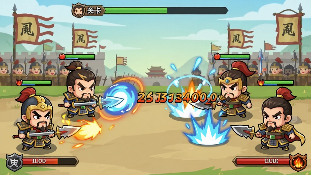 三国挂机战自动战斗场景,画面为横版战场,左右两侧各站三名Q版三国武将正在释放技能,中间飘出伤害数字与技能特效,顶部显示关卡进度条,背景是古代战场与旌旗,扁平插画风格,细节包含血条与怒气条,画质清晰干净