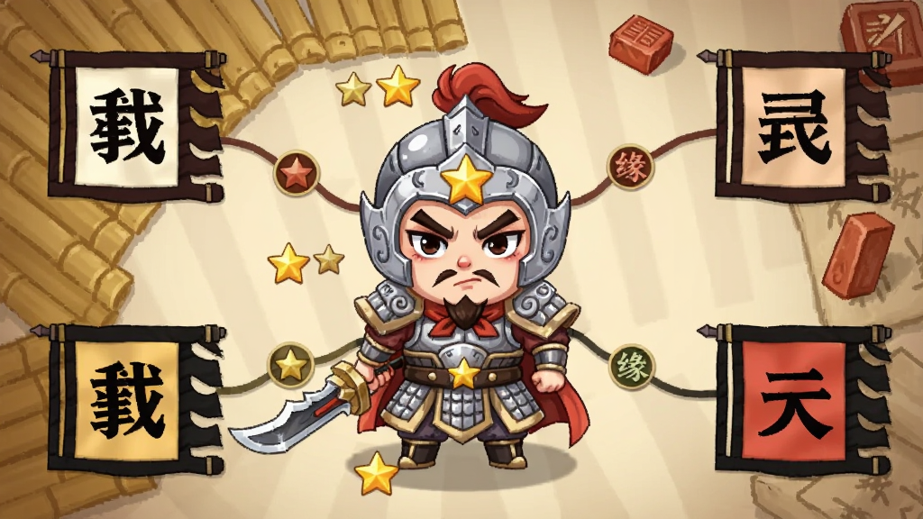 三国挂机战武将图鉴界面,画面为一位身披银甲的Q版三国武将立于中央,四周环绕魏蜀吴群四面阵营旗帜,背景是竹简与印章元素,扁平插画风格,细节包含武将星级标识与缘分连线,排版呈放射状,画质清晰干净