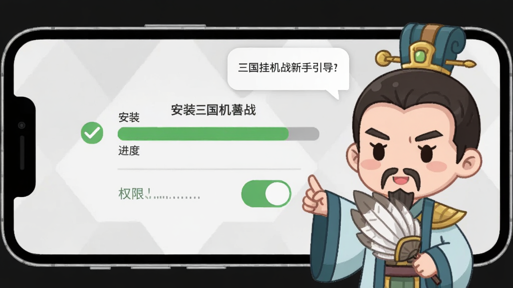 三国挂机战新手引导界面,画面为一部手机屏幕显示安装进度条与权限开关示意,旁边配有古代军师形象的Q版人物手持羽扇指点,背景为浅灰色简约布局,细节包含勾选图标与提示气泡,扁平插画风格,画质清晰干净