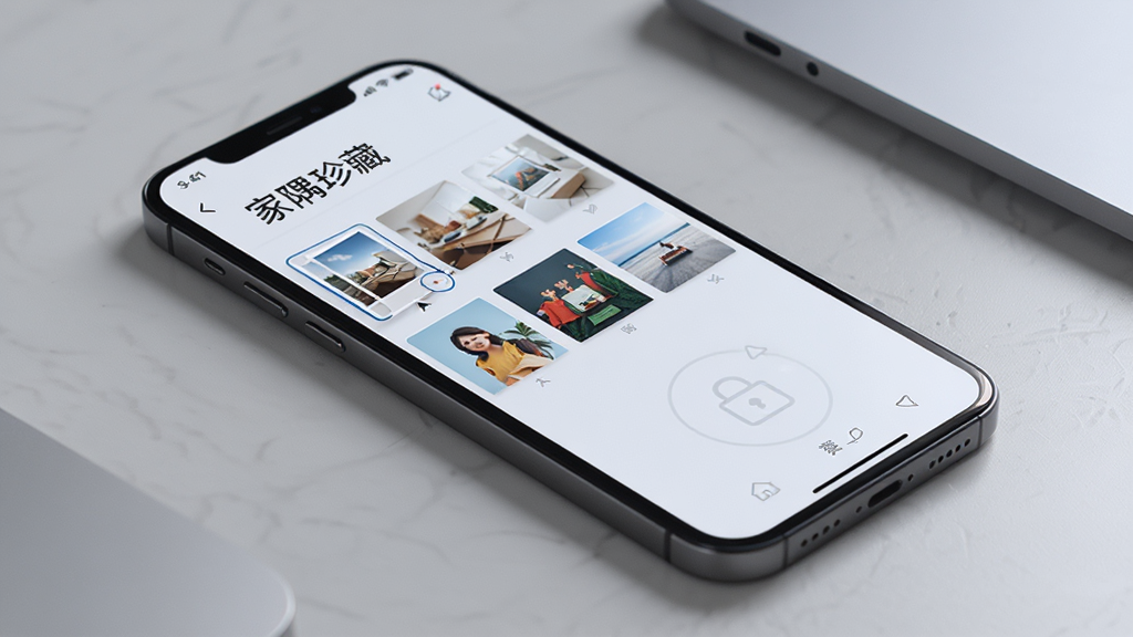 一部智能手机放置在桌面上,屏幕显示“家隅珍藏”应用界面,界面中有相册缩略图和锁形图标,背景为浅灰色桌面,构图简洁,风格科技清新,细节清晰,画质干净,无多余元素