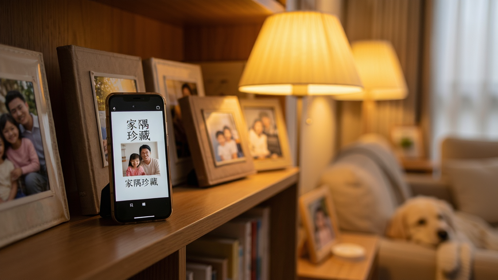 一张温馨的家庭客厅场景,木质书架上摆放着几本相册和一个正在显示家庭照片的手机,屏幕中呈现“家隅珍藏”四个中文字,暖黄色灯光,浅景深,构图居中,风格写实温馨,细节丰富,画质清晰,画面干净,无多余元素