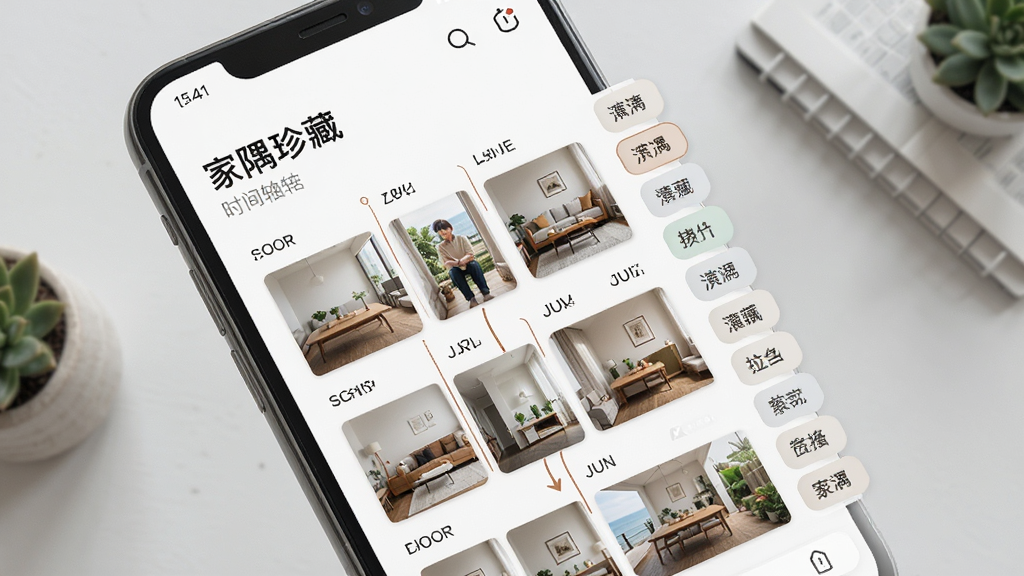 手机屏幕展示“家隅珍藏”时间轴界面,画面中有按月份分组的照片网格,旁边有标签分类侧栏,整体布局清晰,风格简约现代,细节丰富,画质清晰,画面干净