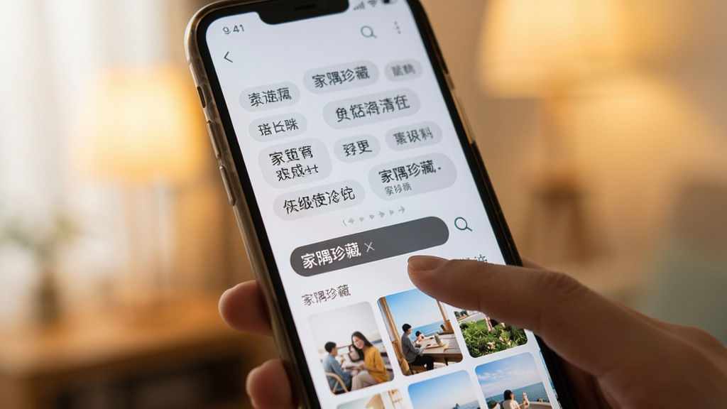 一只手在手机屏幕上点击“家隅珍藏”搜索框,屏幕中显示标签云和照片缩略图,背景为柔和室内光,构图特写,风格生活化,细节清晰,画质干净,无杂乱元素