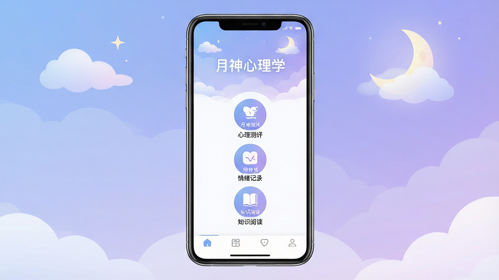 一张手机应用界面展示图,画面中央是一部竖屏智能手机,屏幕内呈现“月神心理学”应用首页,顶部为柔和的蓝紫色渐变背景,中部排列心理测评、情绪记录、知识阅读三个圆形功能入口,底部为简洁导航栏。整体布局居中对称,风格清新现代,细节上加入淡色云朵与月亮元素点缀,画质清晰干净,文字标注“月神心理学”,无多余装饰元素