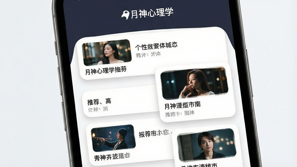 一张个性化推荐首页示意图,画面为手机屏幕正面,屏幕内以卡片流形式排列多张内容推荐卡,每张卡片含小图与标题,布局错落有致,风格现代简约,细节上卡片采用柔和圆角与浅色投影,画质干净,屏幕上方居中显示“月神心理学”标识,无多余元素