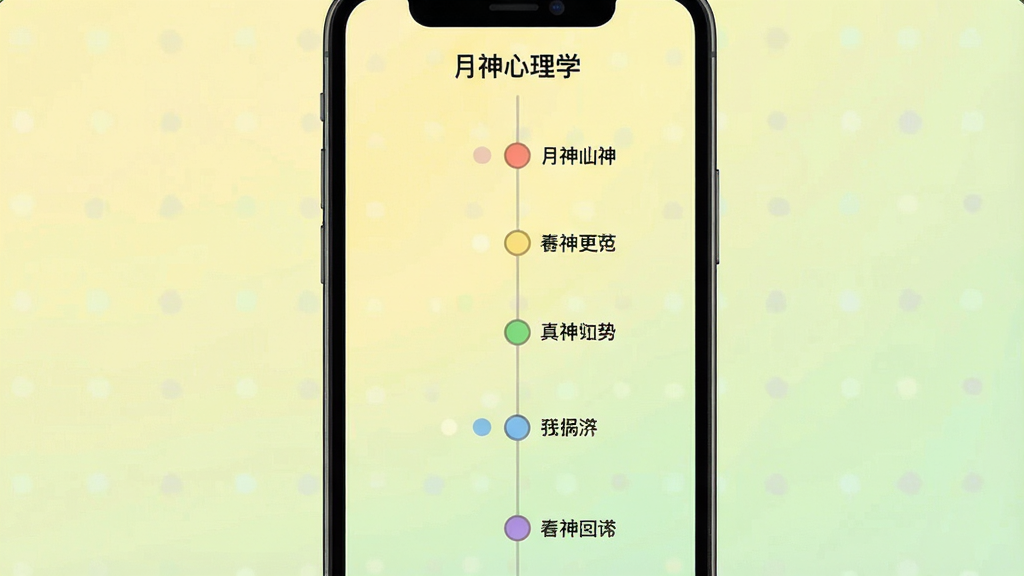 一张情绪记录时间轴界面图,画面主体为手机屏幕,屏幕内呈现纵向时间轴,节点处以不同颜色圆点表示情绪状态,每个节点旁附简短文字标签,整体布局清晰有序,风格温和治愈,细节上加入淡黄色与浅绿色渐变背景,画质干净,屏幕顶部显示“月神心理学”应用名称,无杂乱元素