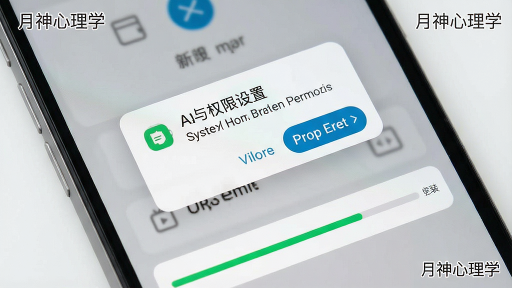 一张手机应用安装与权限设置示意图,画面为手机屏幕特写,屏幕内显示系统权限弹窗与安装进度条,布局上弹窗居中、进度条位于下方,风格写实清晰,细节处加入浅灰色背景与简洁图标,画质干净,屏幕角落标注“月神心理学”,无多余元素