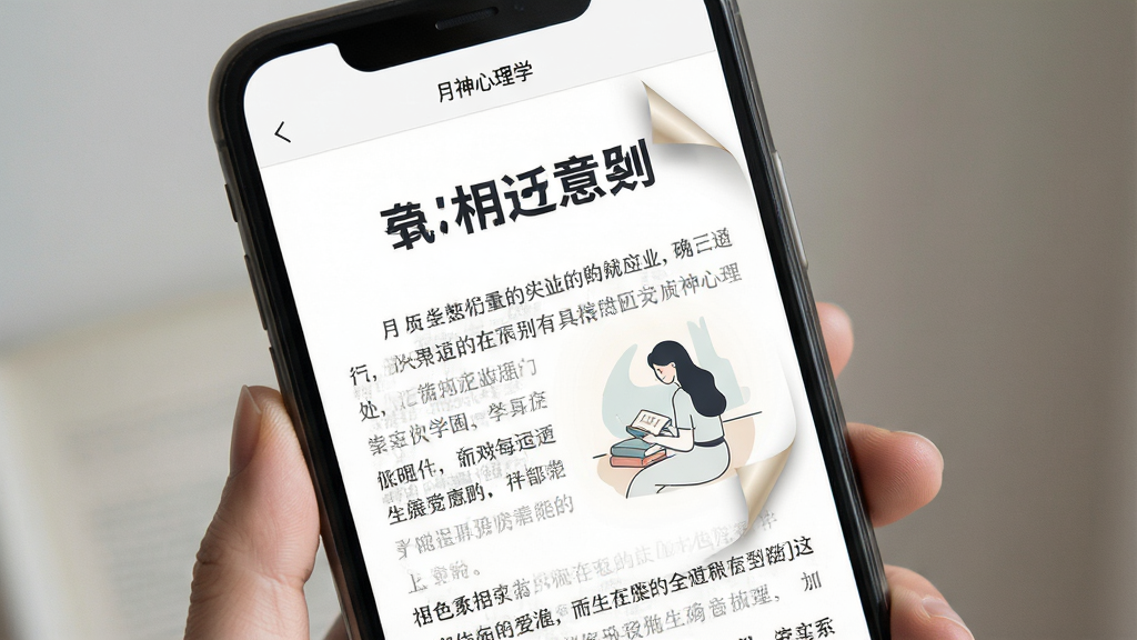 一张手机阅读页面展示图,屏幕内为图文混排的心理学短文,标题区用深色加粗字体,正文段落间距宽松,配图为一幅简约插画,整体布局上留白充足,风格文艺清新,细节处加入书页翻角效果,画质清晰,页面顶部标注“月神心理学”,无多余装饰