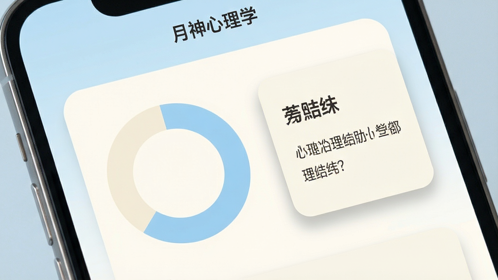 一张心理测评结果页面示意图,画面为手机屏幕特写,屏幕中央显示环形图表与文字说明卡片,配色以浅蓝与米白为主,布局上图表居左、文字解读居右,风格简洁理性,细节处加入柔和阴影与圆角卡片,画质清晰干净,屏幕上方标注“月神心理学”字样,无多余元素