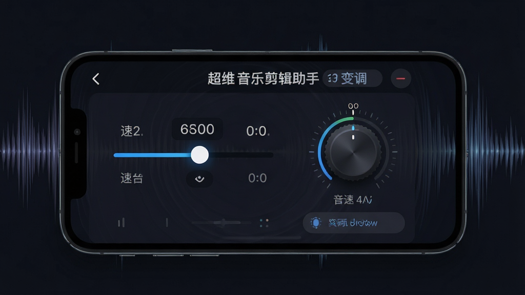 一张展示超维音乐剪辑助手变速变调功能的示意图,主体为手机屏幕中的速度滑块与音调旋钮界面,布局为屏幕居中并配以声波纹理背景,排版突出滑块与数值显示,风格为科技感深色UI风格,细节包含速度倍率数字、音调半音刻度与实时预览按钮,画质清晰,干净,无多余元素