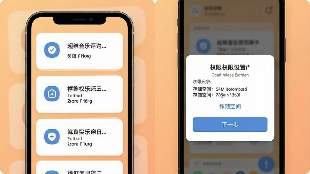 一张展示超维音乐剪辑助手新手操作引导界面的示意图,主体为手机屏幕中的步骤提示卡片与权限设置弹窗,布局为屏幕居中、卡片纵向排列,背景为浅橙色渐变,排版清晰,风格为友好扁平化设计,细节包含权限图标、存储空间提示与下一步按钮,画质高清,干净,无多余元素