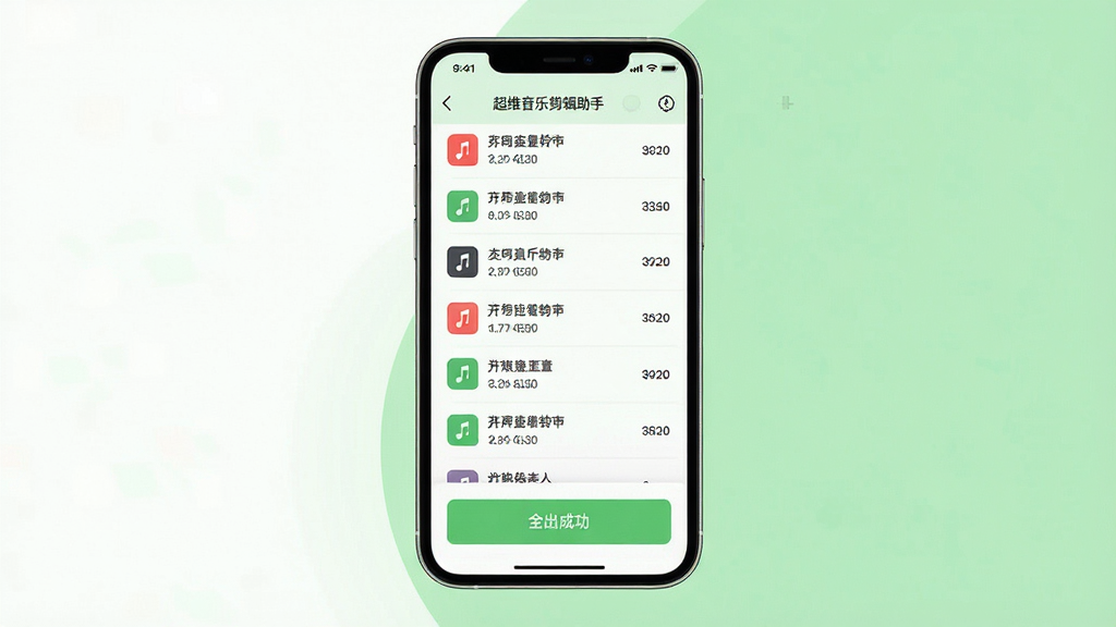 一张展示超维音乐剪辑助手铃声制作与导出管理界面的示意图,主体为手机屏幕中的文件列表与导出按钮,布局为屏幕居中、文件条目纵向排列,背景为白色与浅绿色搭配,排版整齐,风格为清新简约风格,细节包含铃声图标、文件大小信息与导出成功提示,画质高清,干净,无多余元素