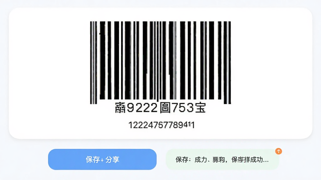 主体为条码生成宝的条码预览与保存界面,布局为上方大尺寸条码预览区、下方保存与分享按钮,排版为纵向流式结构,风格为清爽浅色卡片式设计,细节包含条码下方的数字编码与保存成功的轻提示,画质高清,画面干净,无多余元素