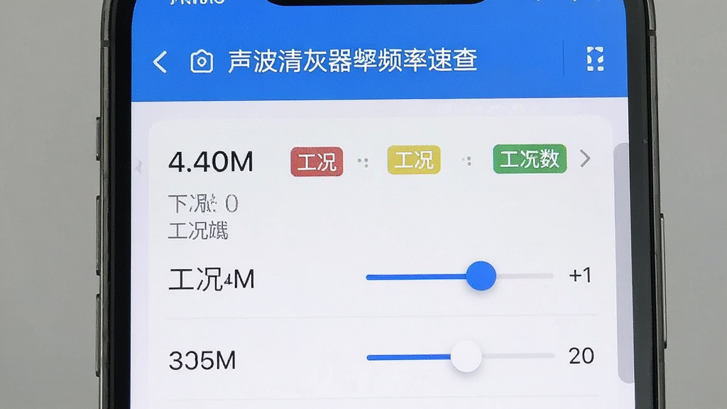 主体为手机屏幕显示声波清灰器频率参数速查界面,布局为上下分栏、上方标题下方数据列表,风格为清爽数据面板风,细节包含频率数值、工况标签与调节滑块图形,画质清晰干净无多余元素
