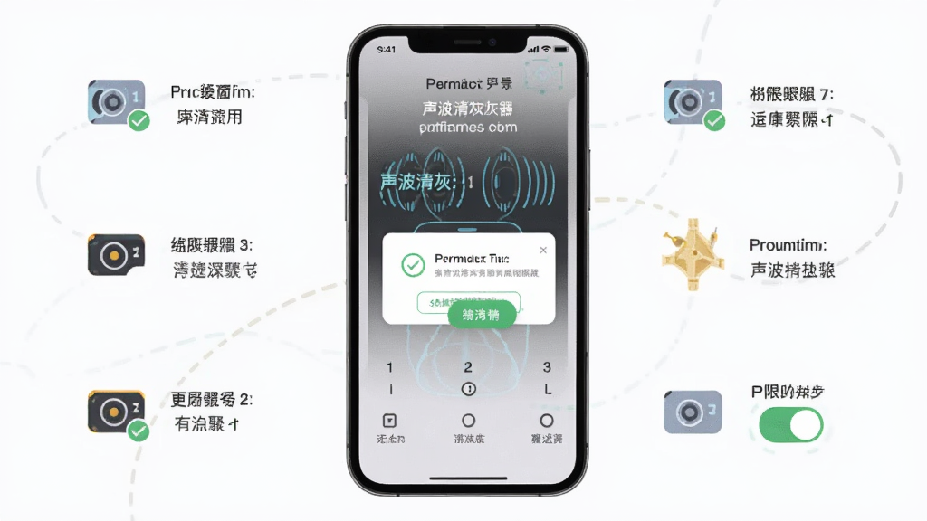 主体为一部手机显示声波清灰器新手引导页面,布局为手机居中、周围环绕安装提示图标与权限开关示意,风格为扁平化指引风,细节包含勾选标记、权限弹窗图形与步骤序号,画质清晰干净无多余元素