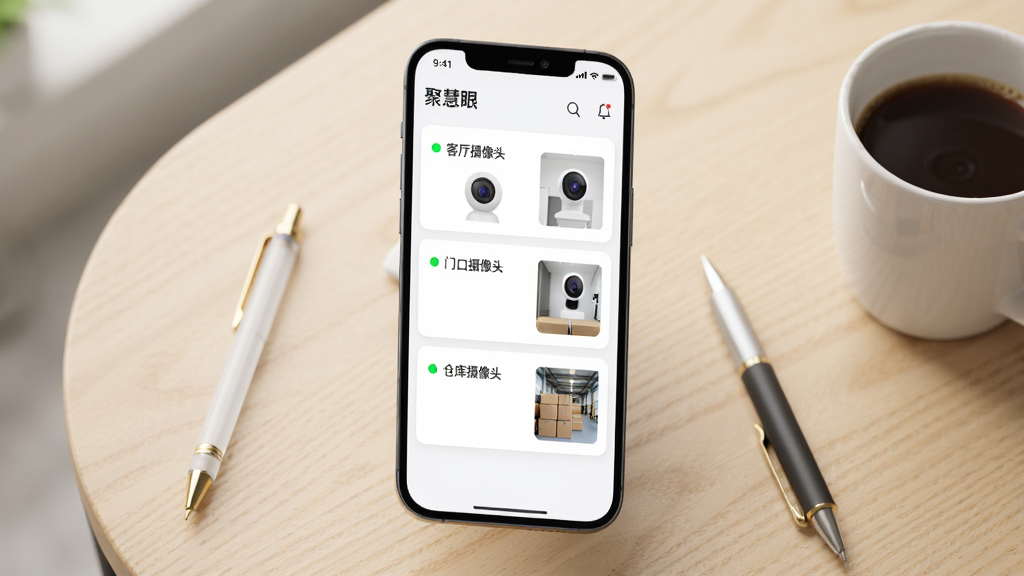 一部手机屏幕内展示“聚慧眼”设备列表界面,列表中有“客厅摄像头”“门口摄像头”“仓库摄像头”三个条目,每条带有绿色在线圆点与缩略画面;界面采用卡片式布局,手机悬浮在浅色木纹桌面之上,旁边放着一支笔和一杯咖啡,风格清新简约,画质细腻,光线柔和,画面干净