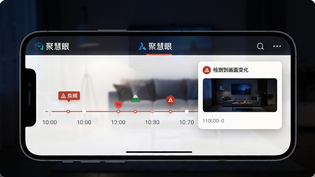 手机屏幕显示“聚慧眼”录像回放时间轴界面,时间轴上分布着几个告警标记点,画面右侧弹出告警通知卡片,写有“检测到画面变化”;背景为深色夜间客厅场景虚化处理,手机屏幕发出柔和亮光,整体风格沉稳科技感,排版突出时间轴与通知卡片,画质清晰,无杂乱元素