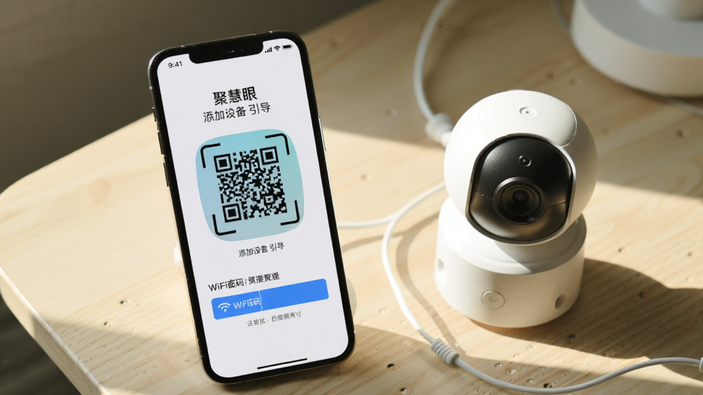 手机屏幕显示“聚慧眼”添加设备引导页面,页面中有二维码扫描框与WiFi密码输入栏,手机旁边放置一个白色网络摄像头,背景为浅色书桌,阳光从侧面照入,风格生活化真实感,排版突出手机界面与摄像头,画质清晰,画面干净无杂物