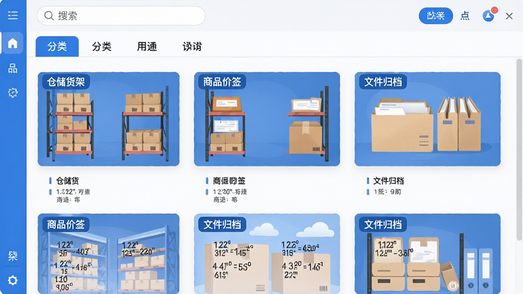 Labelnize 软件界面截图风格插画,画面展示一个网格状排列的标签模板库,每个模板缩略图上标注着不同的标签尺寸与用途分类,如「仓储货架」「商品价签」「文件归档」,界面顶部有搜索框与分类标签栏,整体配色以蓝白为主,布局规整清晰,风格简洁现代,画质干净无噪点