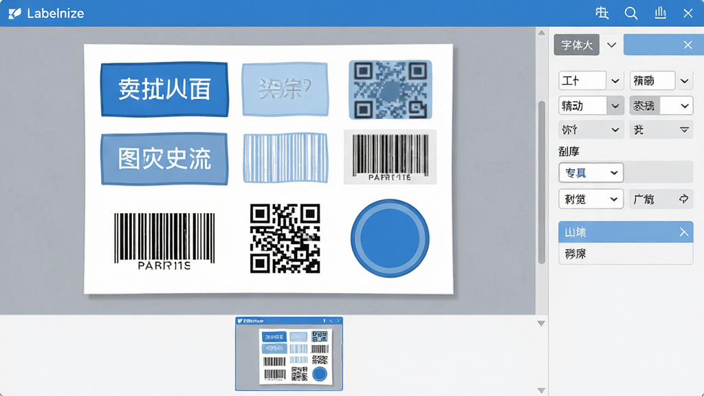 Labelnize 软件编辑界面特写插画,画面中央是一块标签画布,画布上分布着文字块、条形码、二维码和一个圆形图形元素,画布右侧是元素属性调节面板,显示字体大小、对齐方式、图层顺序等选项,画布下方是实时预览小窗口,整体界面风格清爽,蓝白灰配色,细节清晰,画质锐利干净