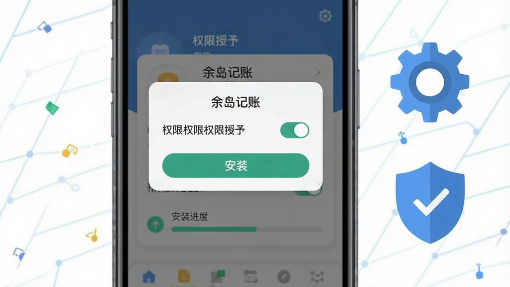 一张手机应用安装与设置引导示意图,画面展示一部智能手机屏幕,上面显示“余岛记账”的权限授予弹窗和安装进度条,旁边有齿轮图标和盾牌安全标识,布局简洁明了,风格扁平化科技感,细节上突出权限开关和安装按钮,画质清晰干净,无多余元素