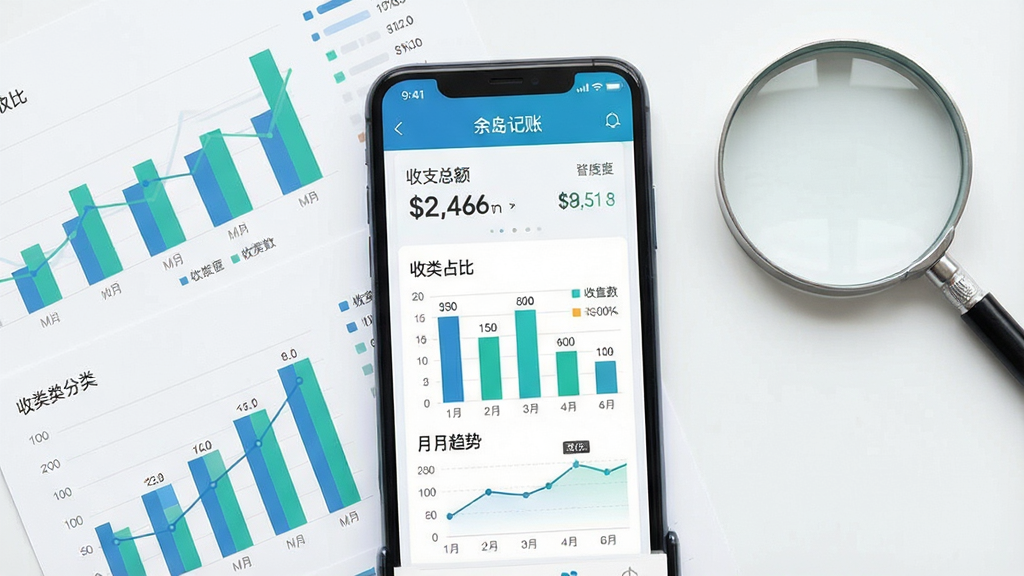一张手机应用统计页面展示图,画面中央为一部智能手机,屏幕显示“余岛记账”的月度统计界面,包含收支总额数字、分类占比条形图和月度趋势曲线,手机旁边放置着图表纸张和放大镜元素,布局居中,风格清爽商务扁平化,细节上突出数据可视化的清晰度和蓝绿色调搭配,画质高清干净,无多余元素