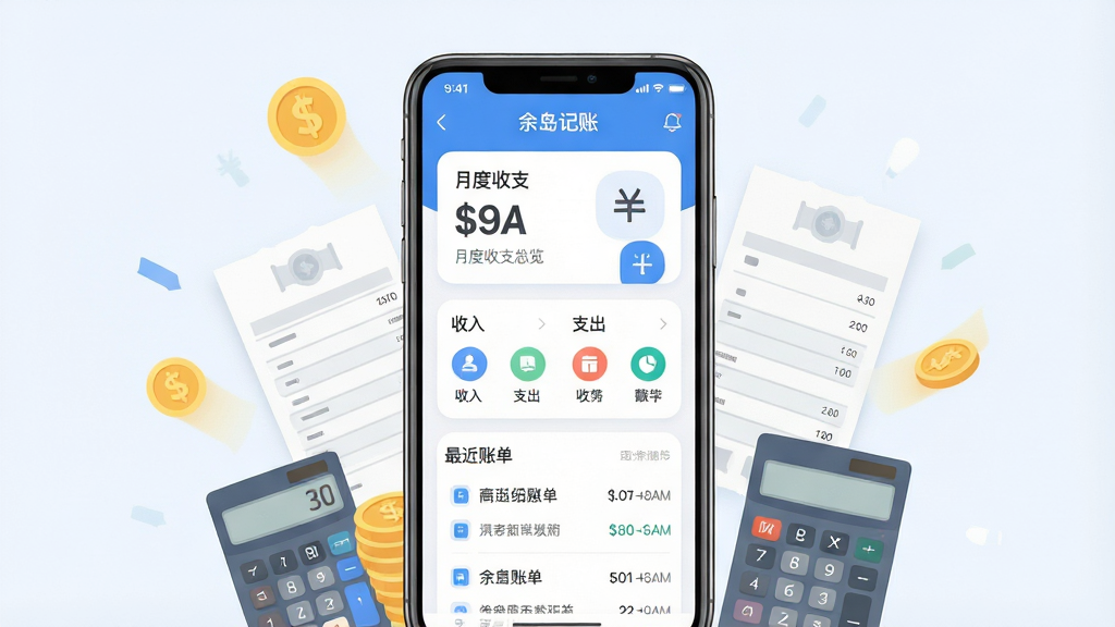 一张手机应用界面展示图,画面中央是一部竖屏智能手机,屏幕上显示“余岛记账”应用的首页界面,包含月度收支总览卡片、收入支出分类图标和最近账单列表,手机周围环绕着金币、账单纸张、计算器等财务元素,布局居中对称,风格清新简约扁平化,细节上突出清爽的蓝白配色和圆角卡片设计,画质高清干净,无多余装饰元素